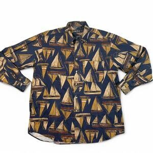 Vintage‎ Nautica Men’s L Novelty Sailing Boats Blue Long Sleeve Button Down
